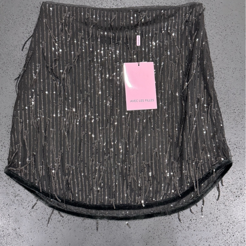 AVEC LES FILLES Sequin Fringe Black Mini Skirt Size XS NWT - Picture 4 of 7